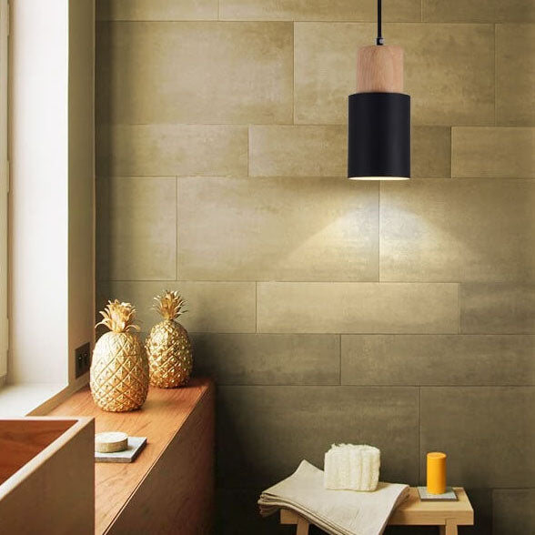 Nordic Macaron Cylinder Pendant | Modern Wood and Metal Design