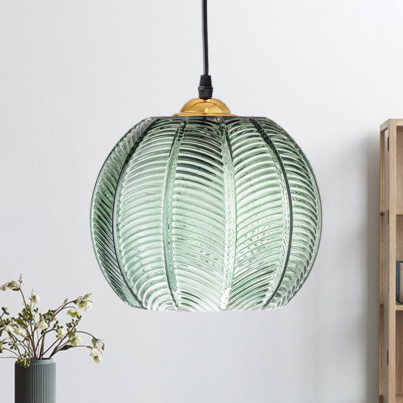 Ribbed Green Glass Pumpkin Pendant | Retro Light