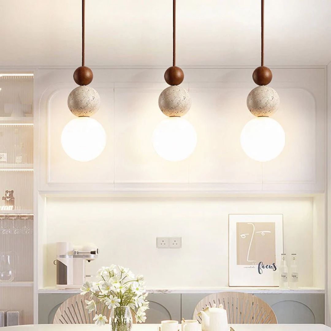 Cleonice Pendant | Travertine, Wood and Glass