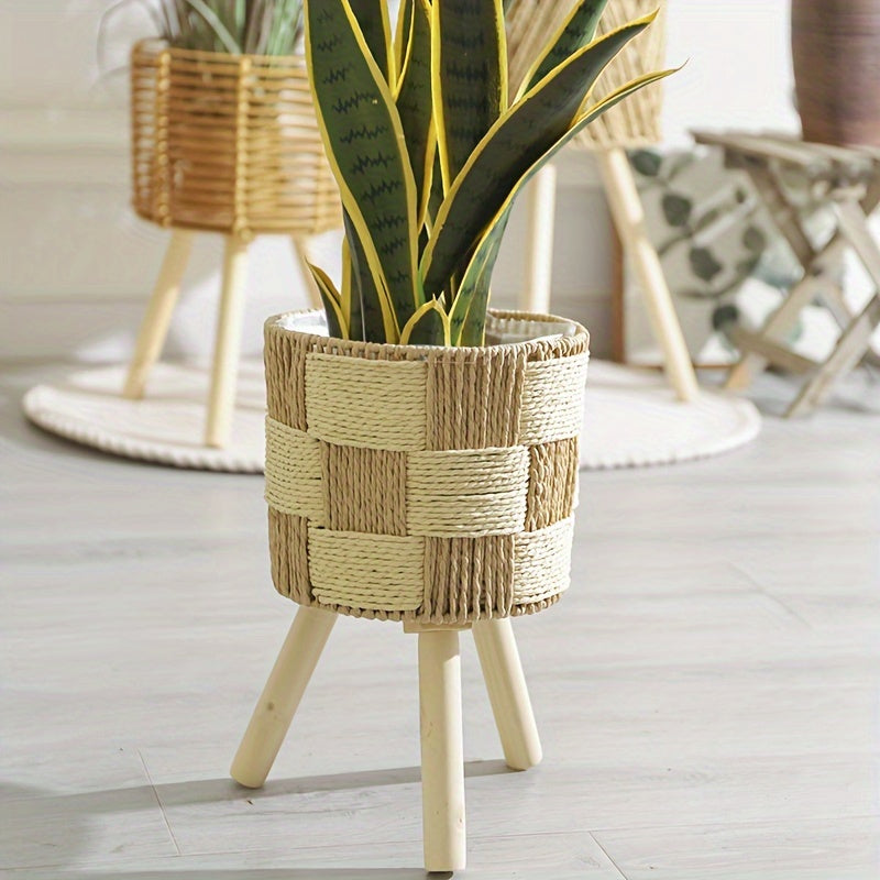 Boho Bamboo and Rattan Plant Stand | Wooden Feet