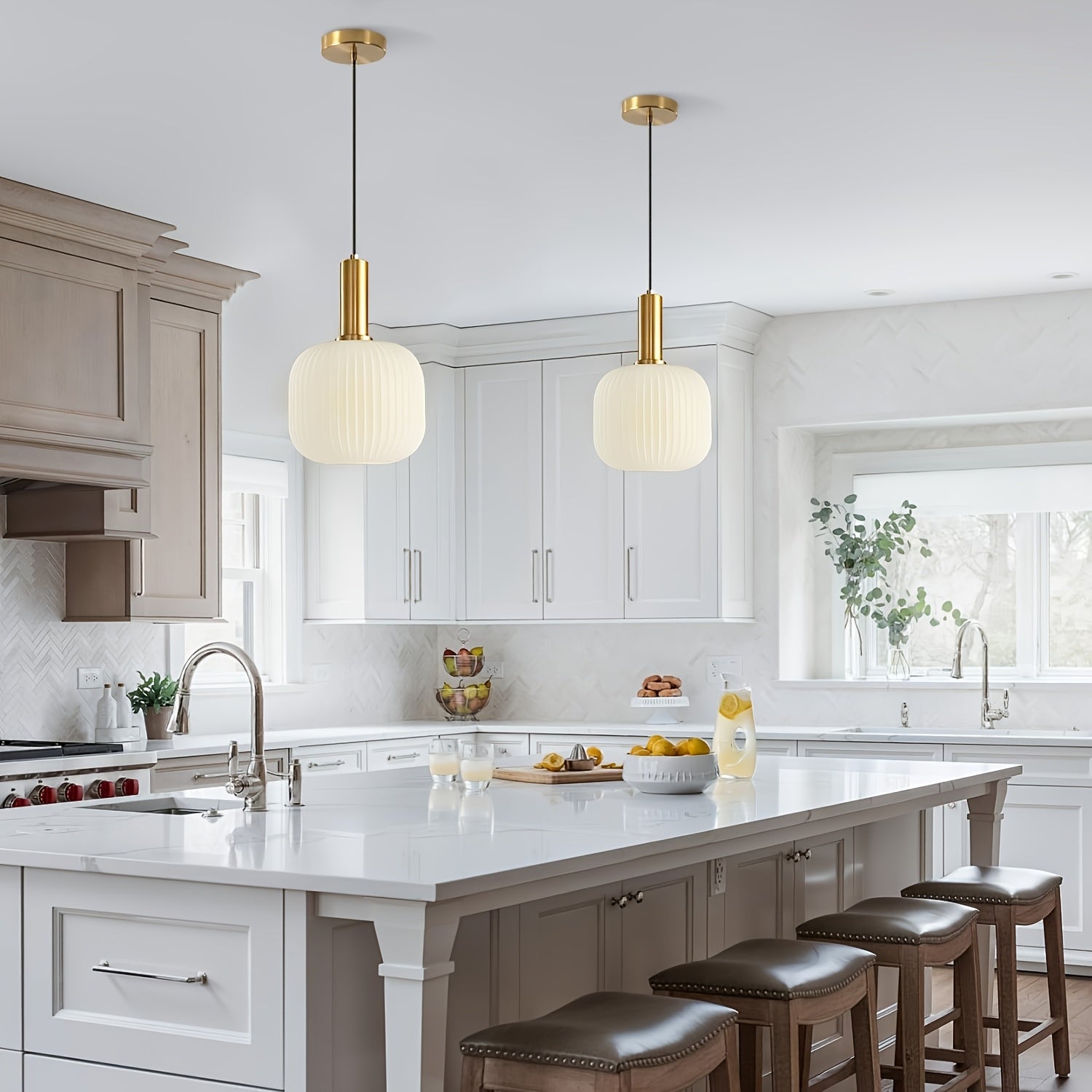 Modern Striped Crystal Pendant | Brass and Ribbed Shade