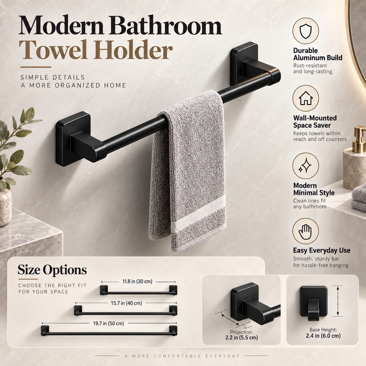 Aluminium Wall Towel Rail with Hook | Modern Bathroom