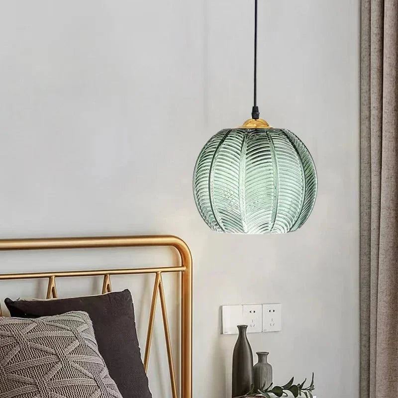 Ribbed Green Glass Pumpkin Pendant | Retro Light