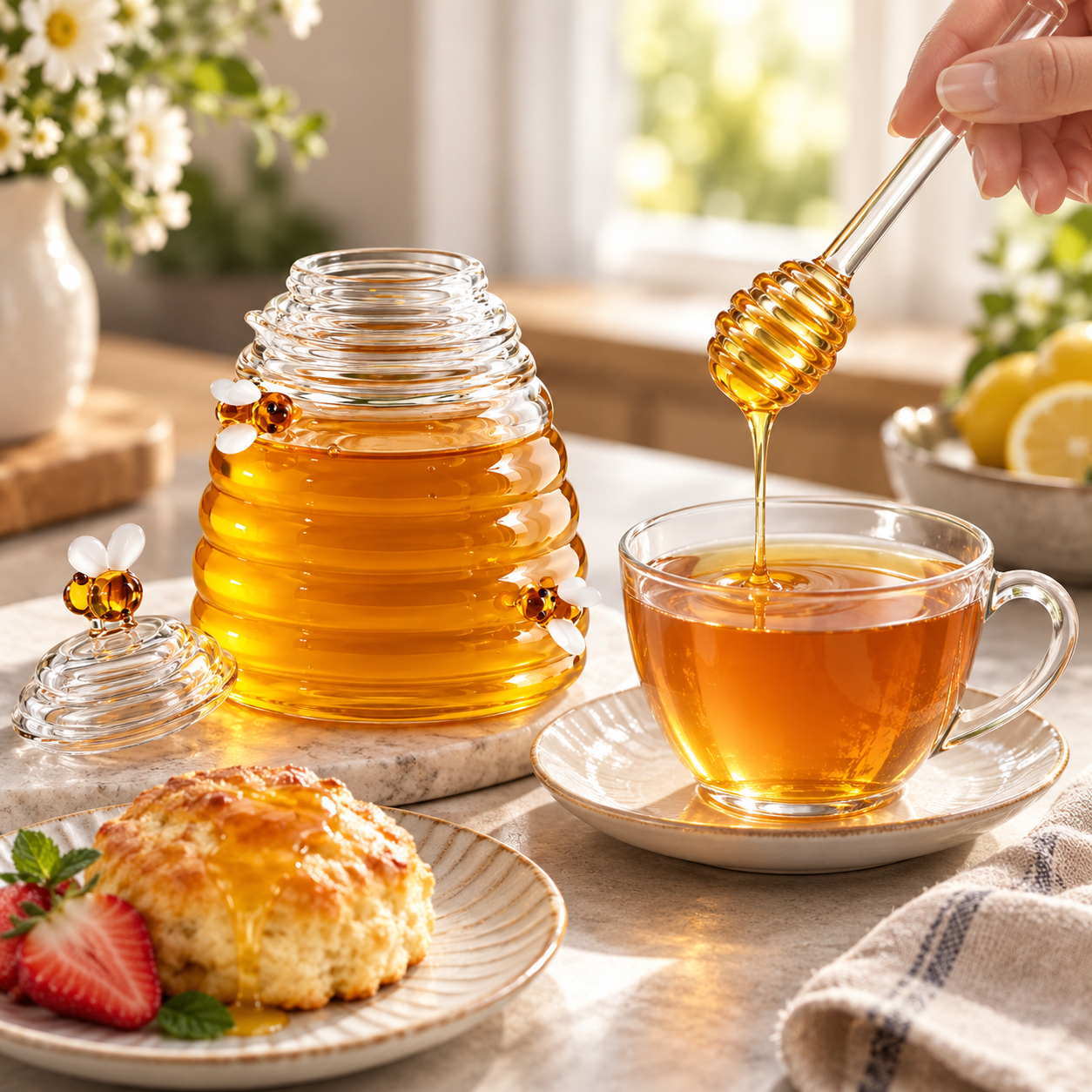 Glass Beehive Honey Pot with Spoon and Lid