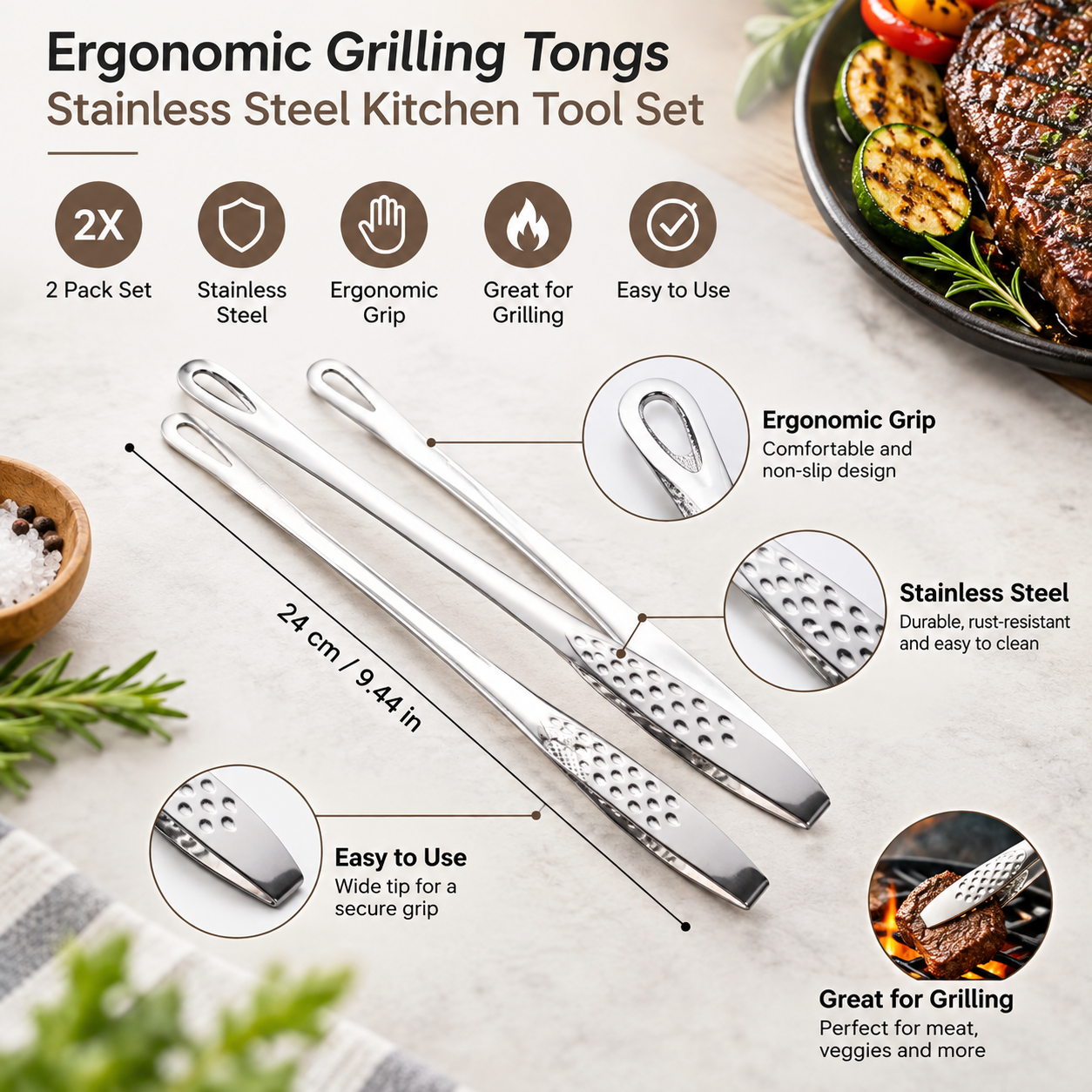 Ergonomic Stainless Steel Kitchen Tongs | Barbecue