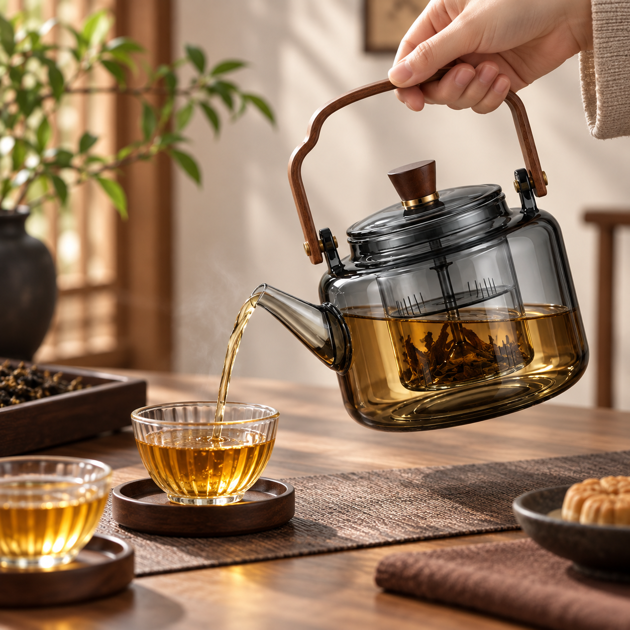 Heat-Resistant Glass Teapot | Wooden Handle