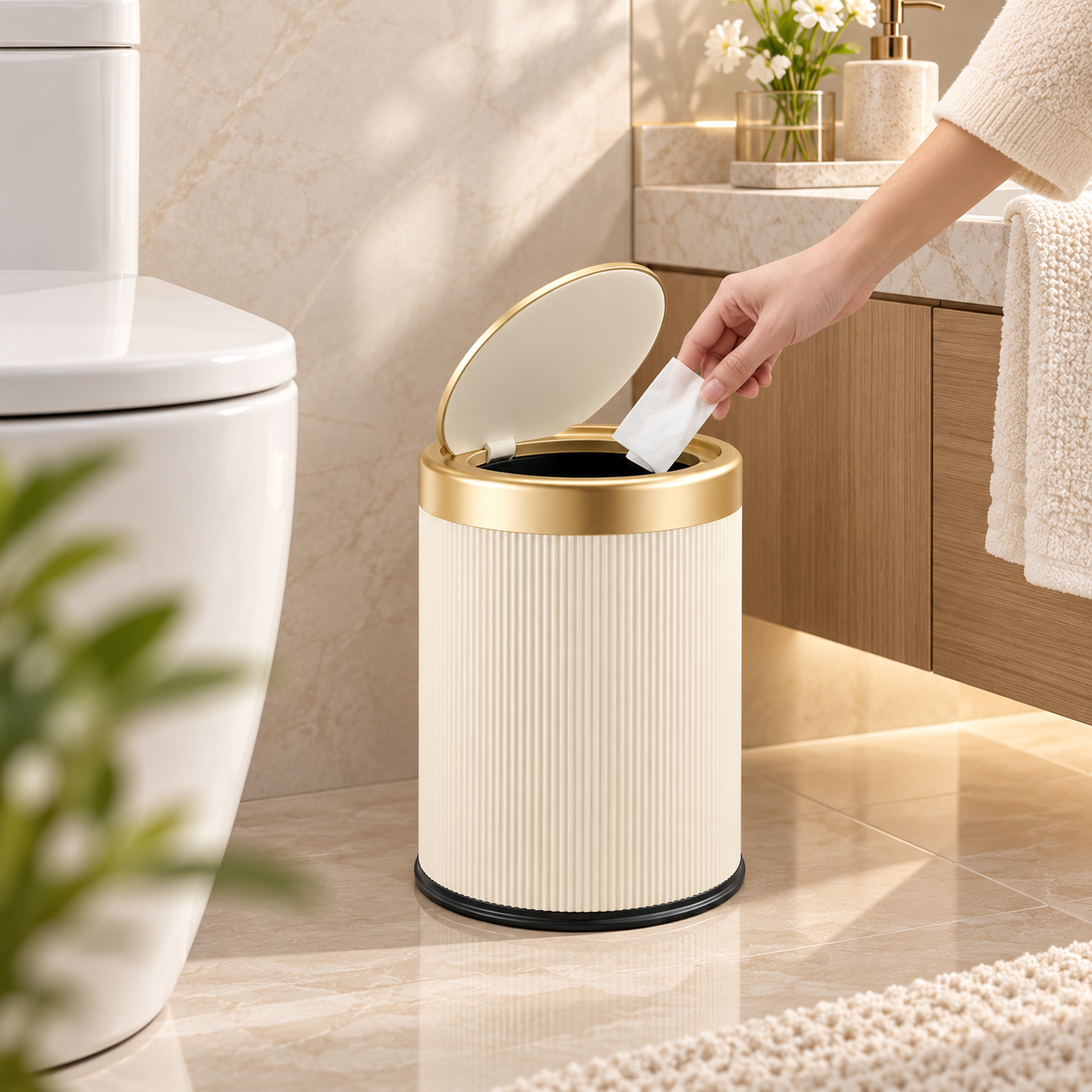 Oval Pressure-Lid Bin | Compact for Bathroom and Home