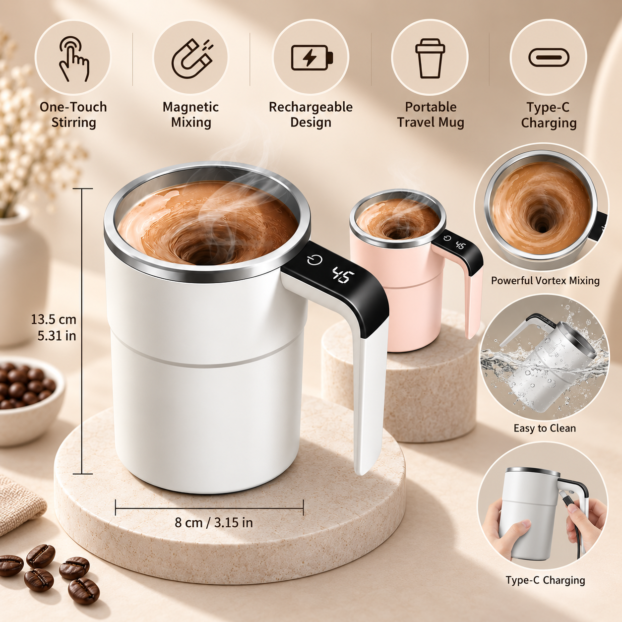 Rechargeable Coffee Mug | Portable Self-Stirring Travel Cup