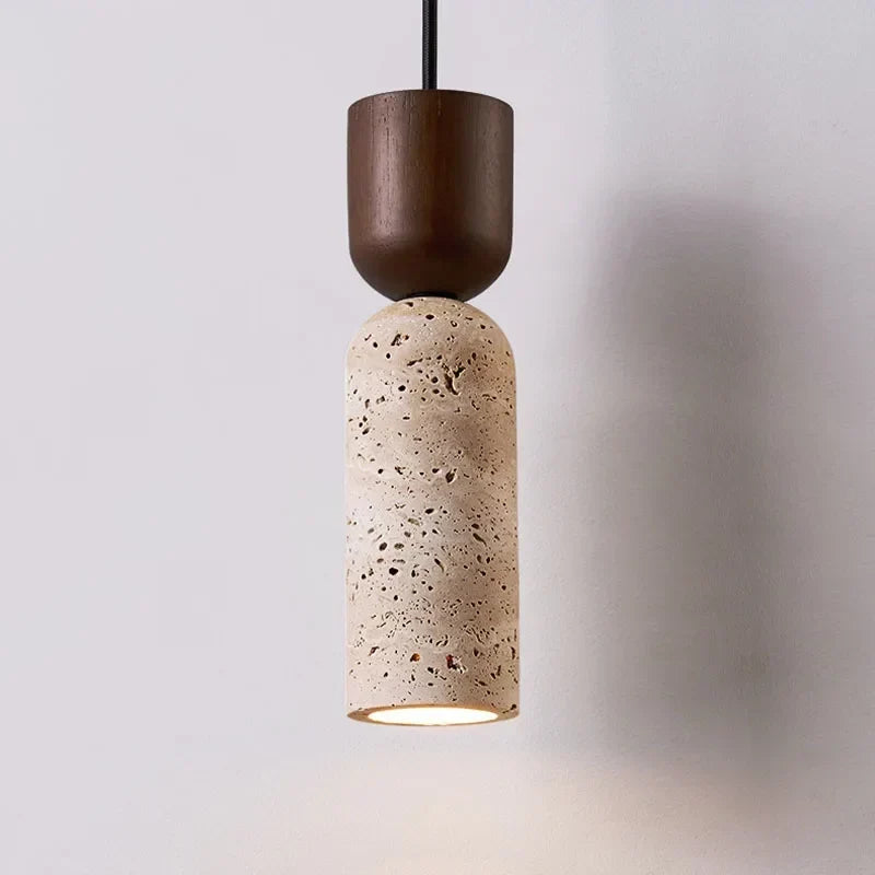 Wabi-Sabi | Travertine and Wood Pendant | Minimalist Japanese Bedside Lamp