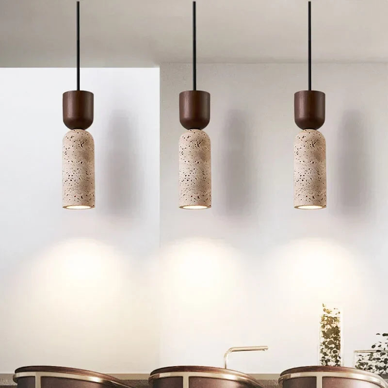 Wabi-Sabi | Travertine and Wood Pendant | Minimalist Japanese Bedside Lamp