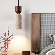 Wabi-Sabi | Travertine and Wood Pendant | Minimalist Japanese Bedside Lamp