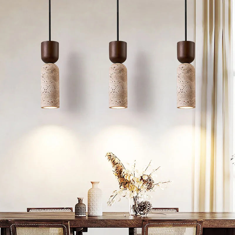 Wabi-Sabi | Travertine and Wood Pendant | Minimalist Japanese Bedside Lamp