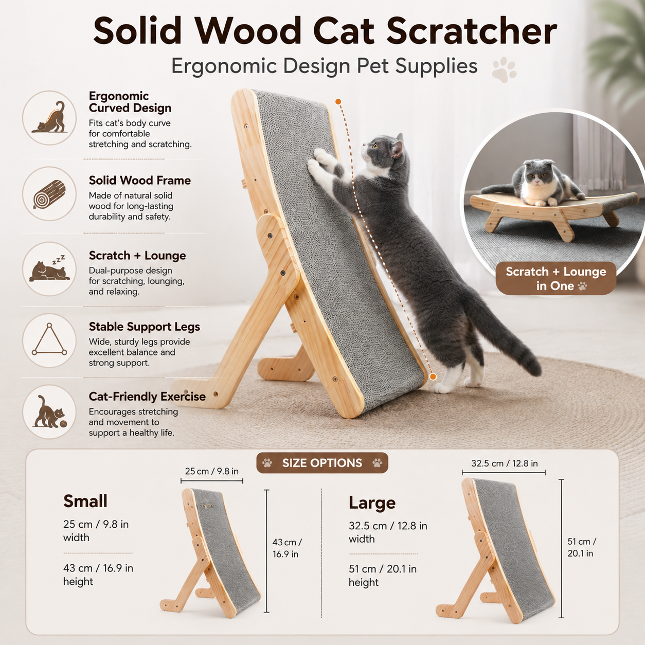 Solid Wood Cat Scratching Post | Ergonomic Design