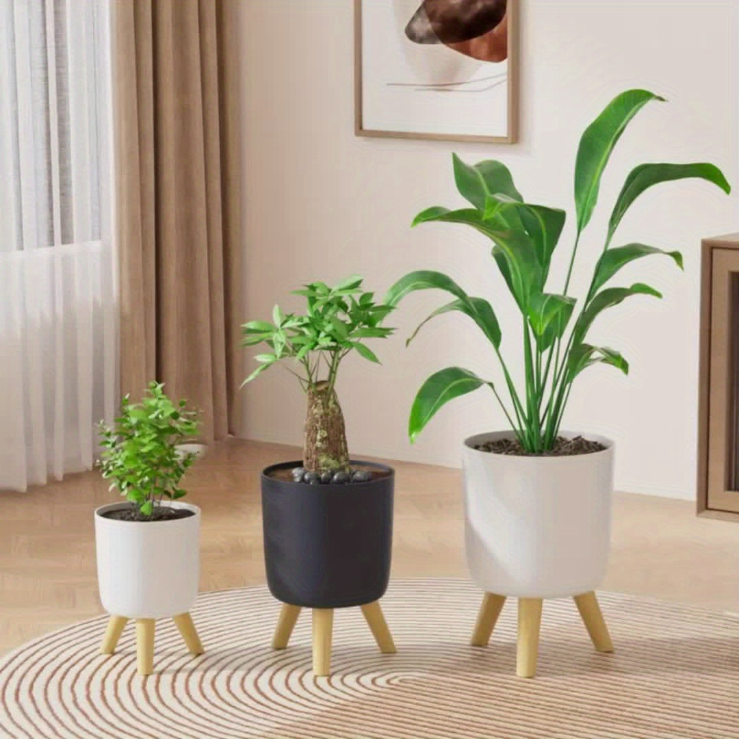 Modern Round Plant Pot with Wooden Feet | Indoor and Outdoor Decor