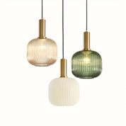 Modern Striped Crystal Pendant | Brass and Ribbed Shade