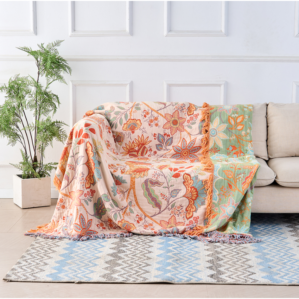 Boho Fringed Floral Throw | Decorative Blanket