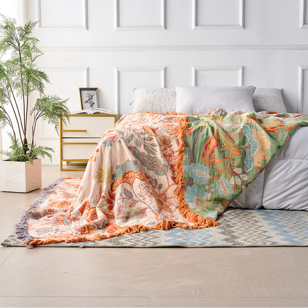 Boho Fringed Floral Throw | Decorative Blanket