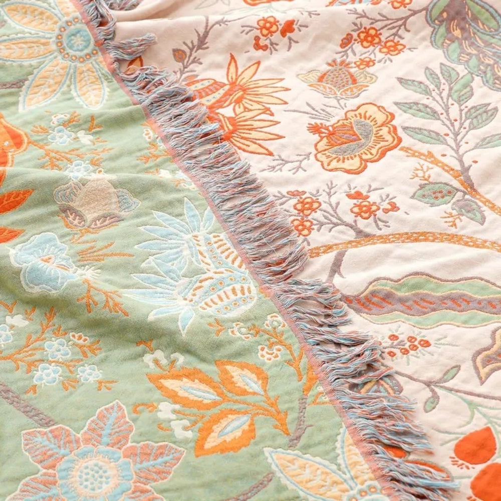 Boho Fringed Floral Throw | Decorative Blanket