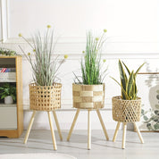Boho Bamboo and Rattan Plant Stand | Wooden Feet