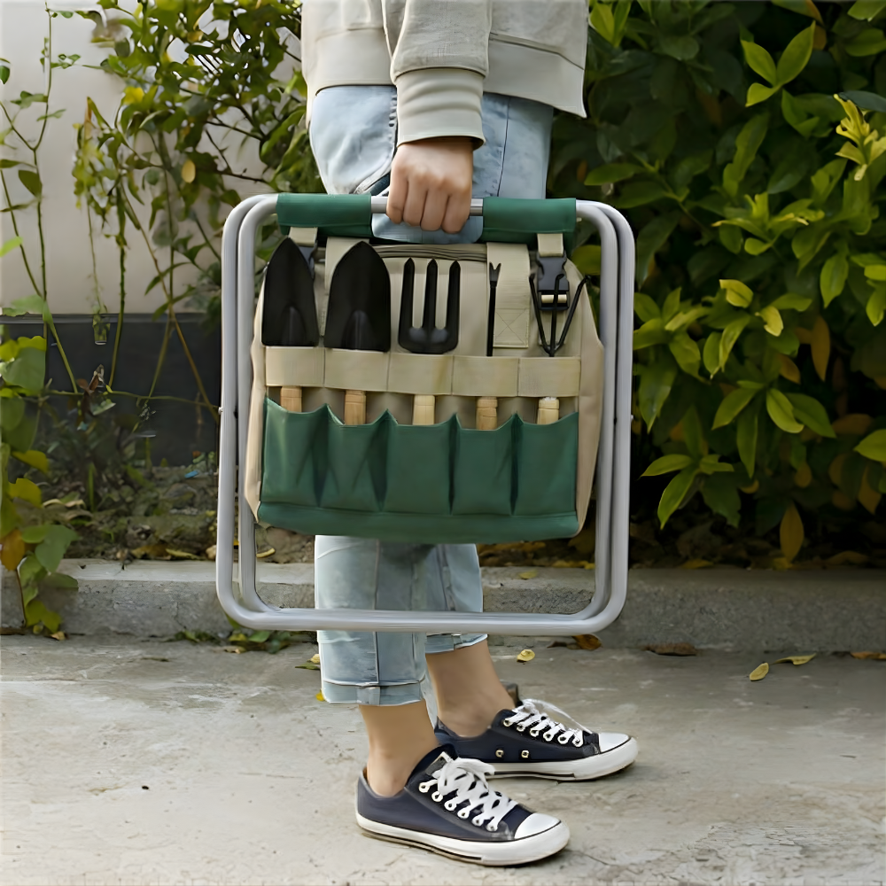 Garden Tool Set with Folding Stool | Portable