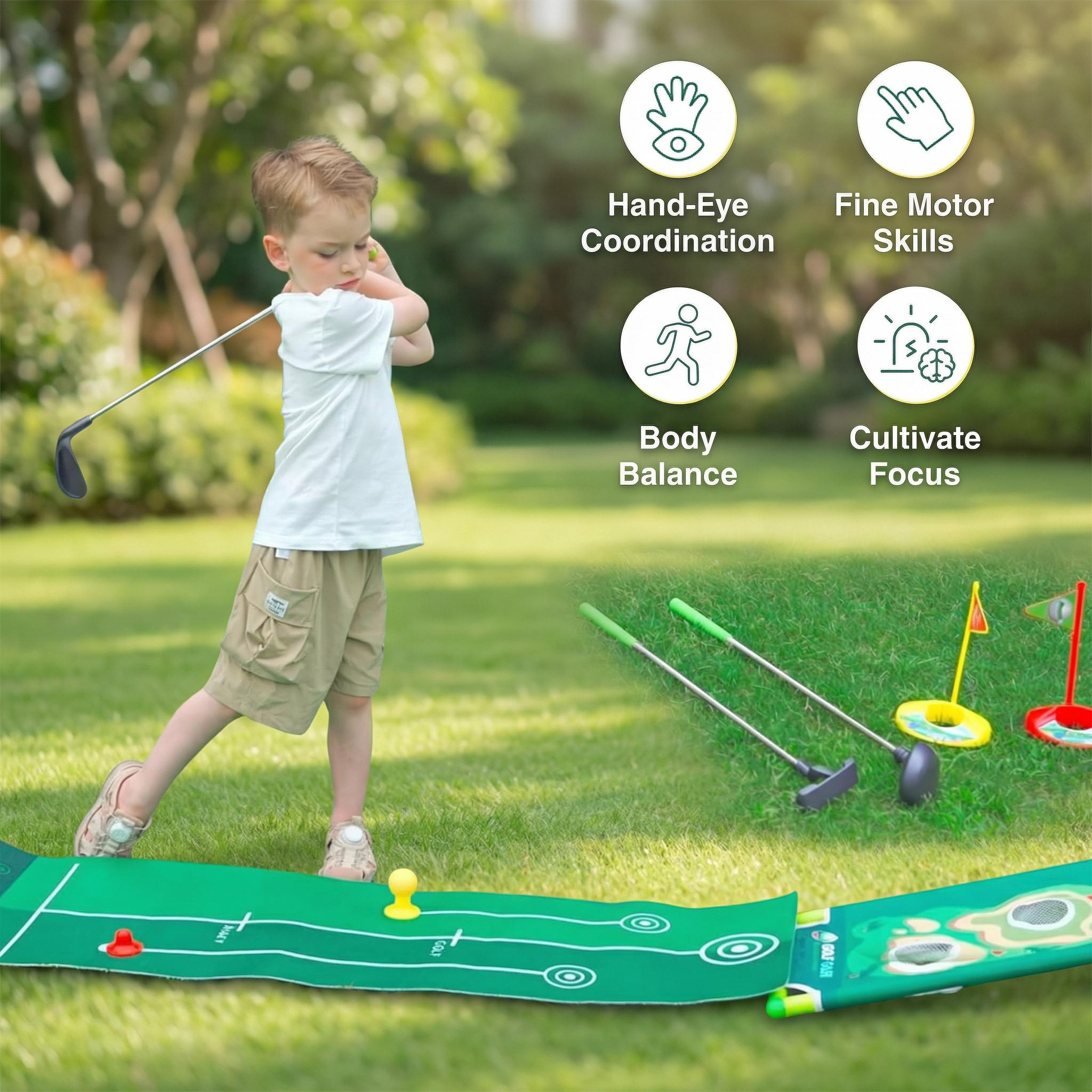 Golf Putting Mat | Adjustable Club Set for Indoors