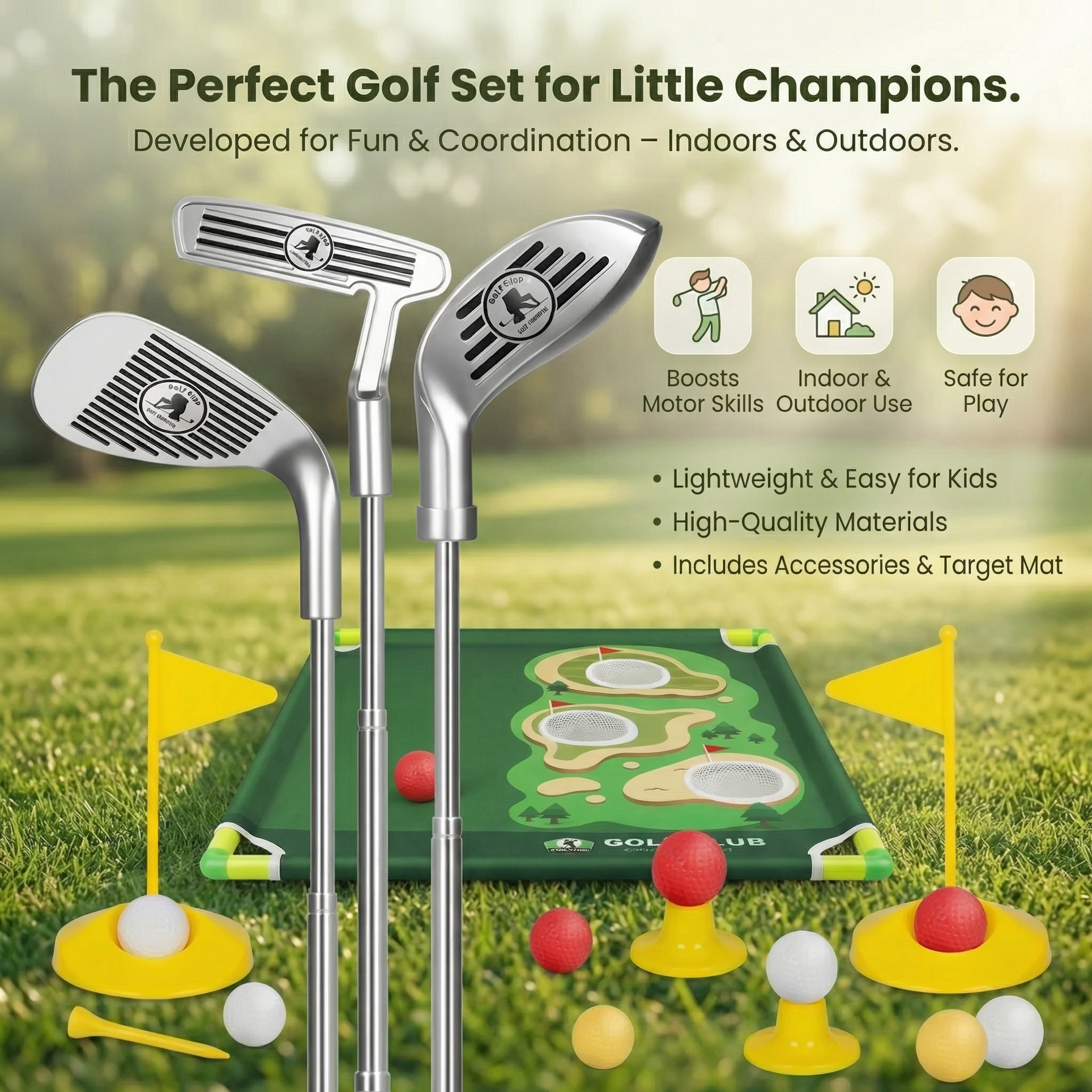 Golf Putting Mat | Adjustable Club Set for Indoors