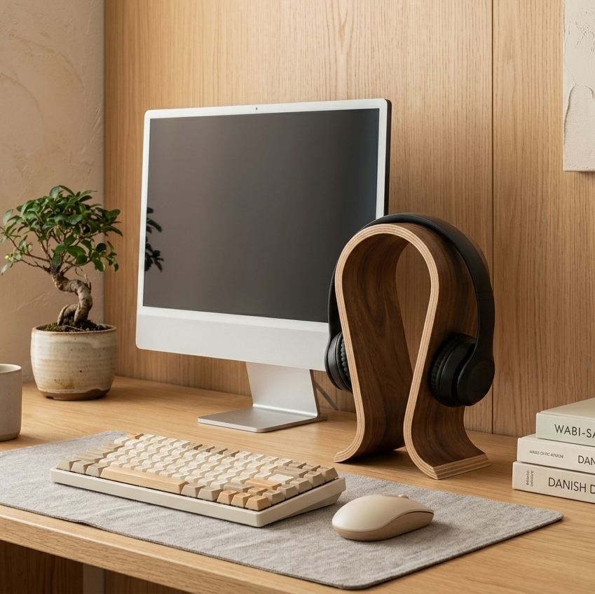 Walnut Finish Curved Arc Headphone Stand