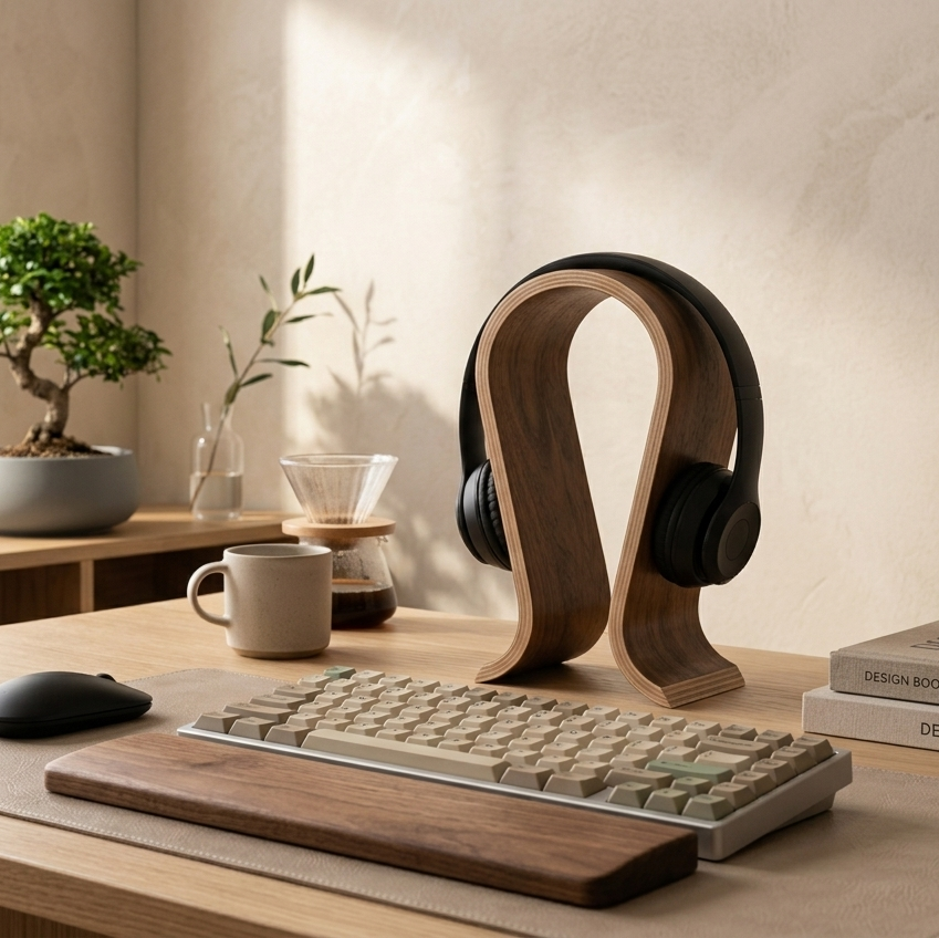Walnut Finish Curved Arc Headphone Stand