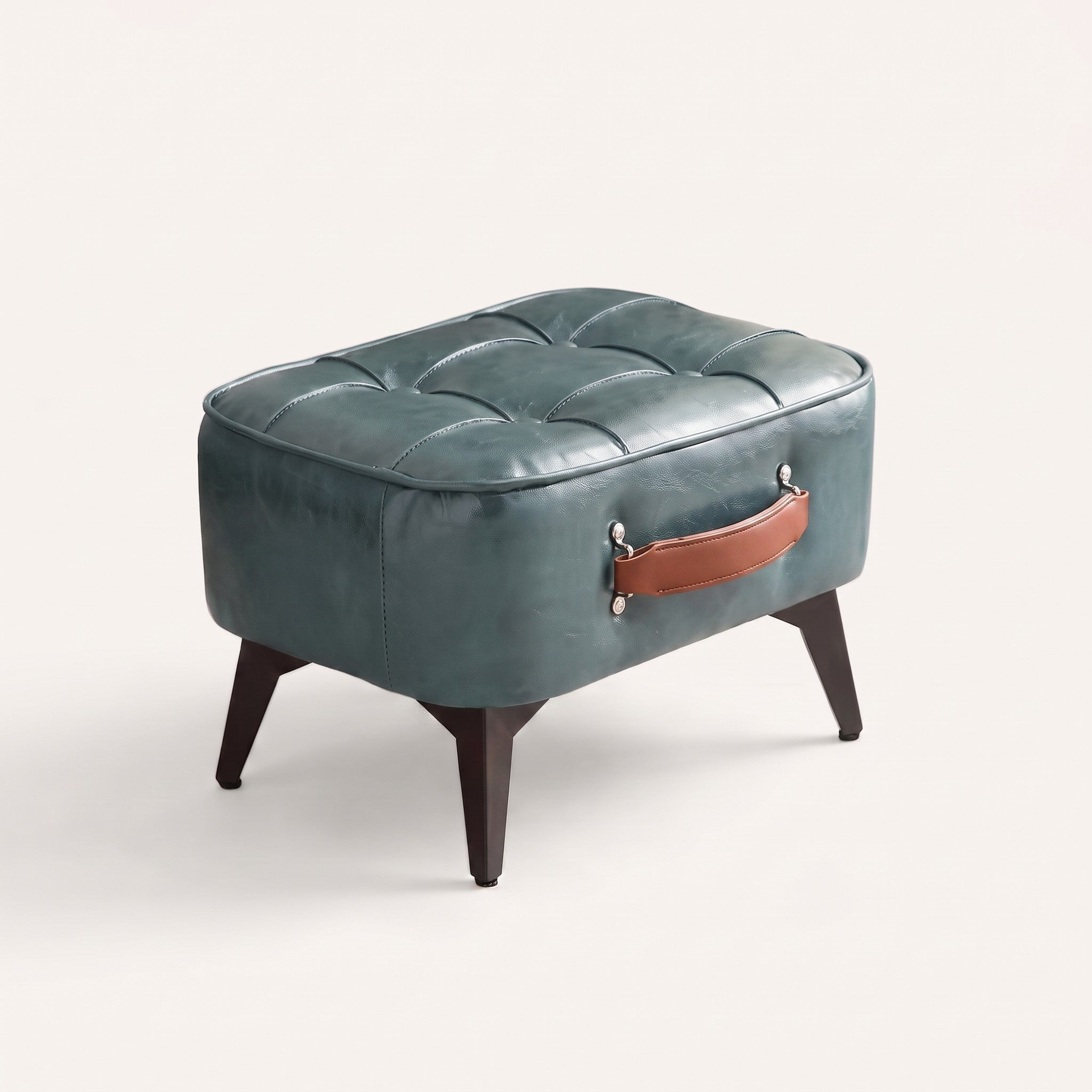 Quilted Faux Leather Ottoman with Metal Legs | With Handle