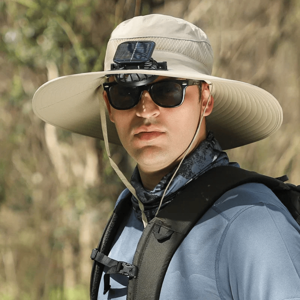 Wide-Brim Hat with Solar USB Fan | UV Protection for Fishing