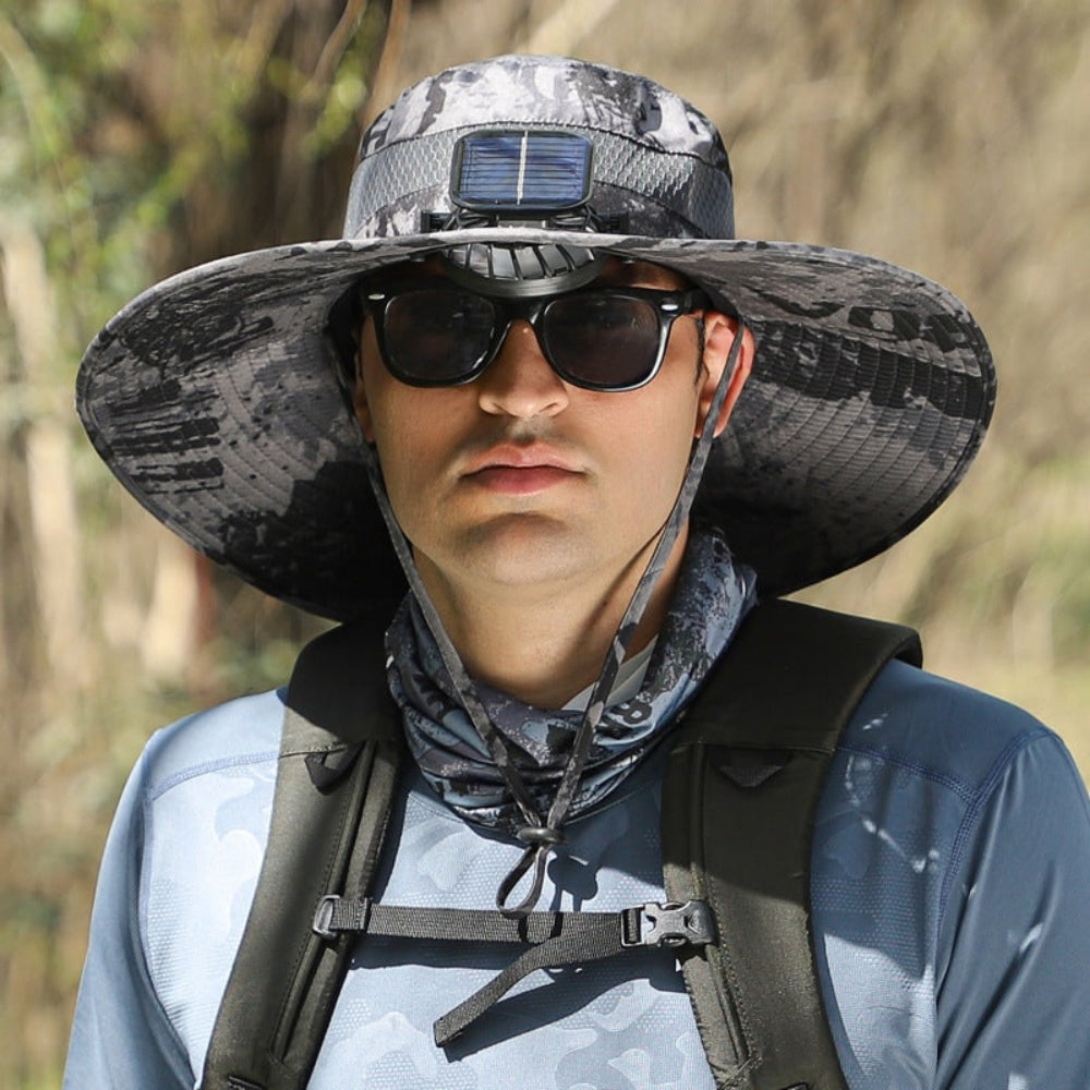 Wide-Brim Hat with Solar USB Fan | UV Protection for Fishing