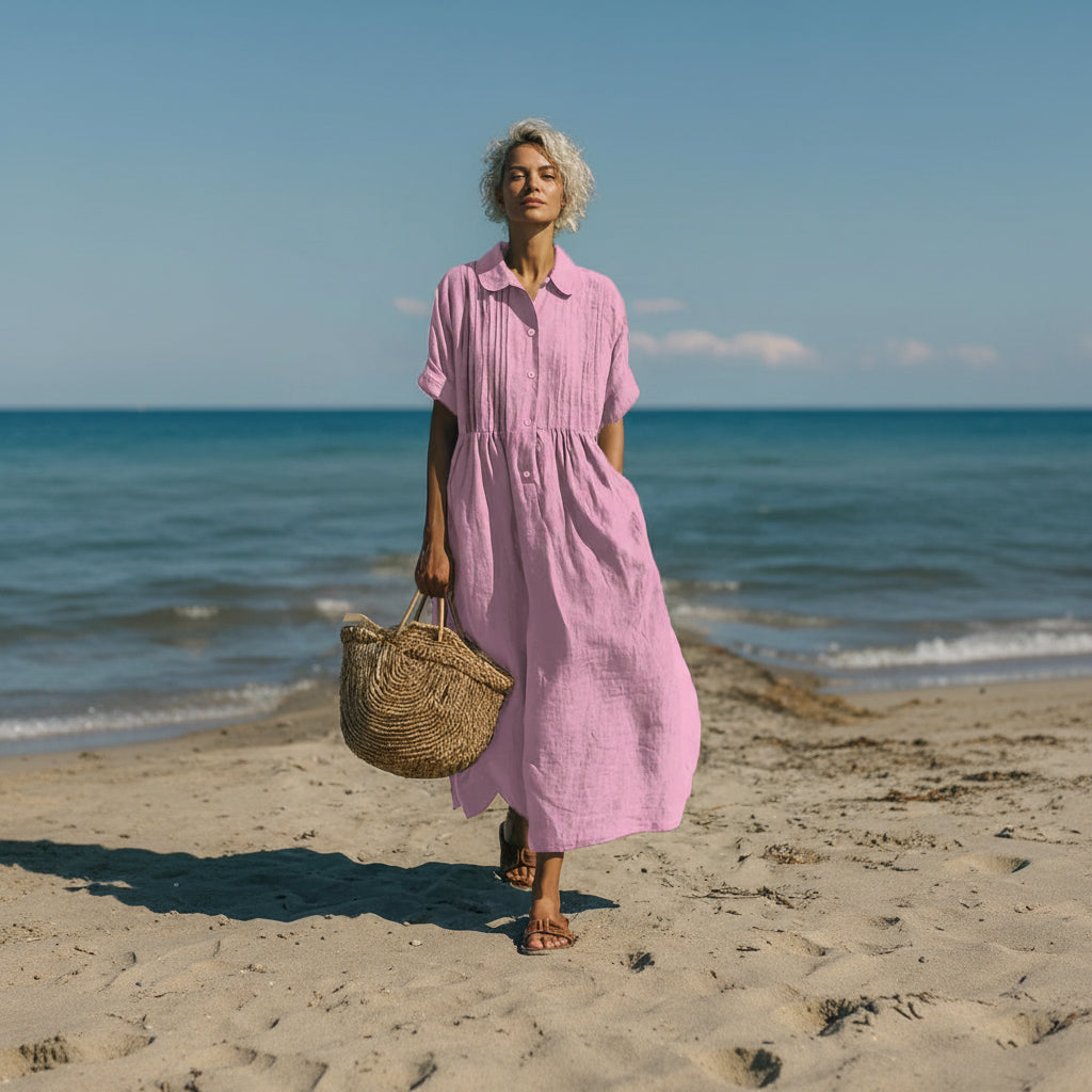 Women's Long Pleated Shirt Dress | Casual Elegant